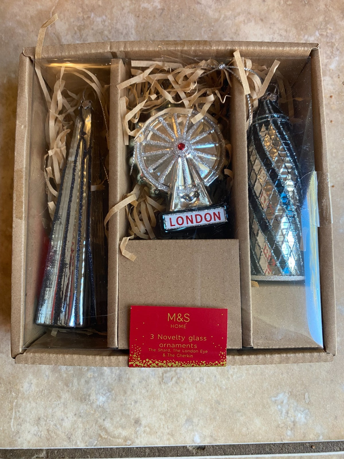 M&S London Christmas Decor Glass Ornaments Set of 3 Shard Gherkin London Eye