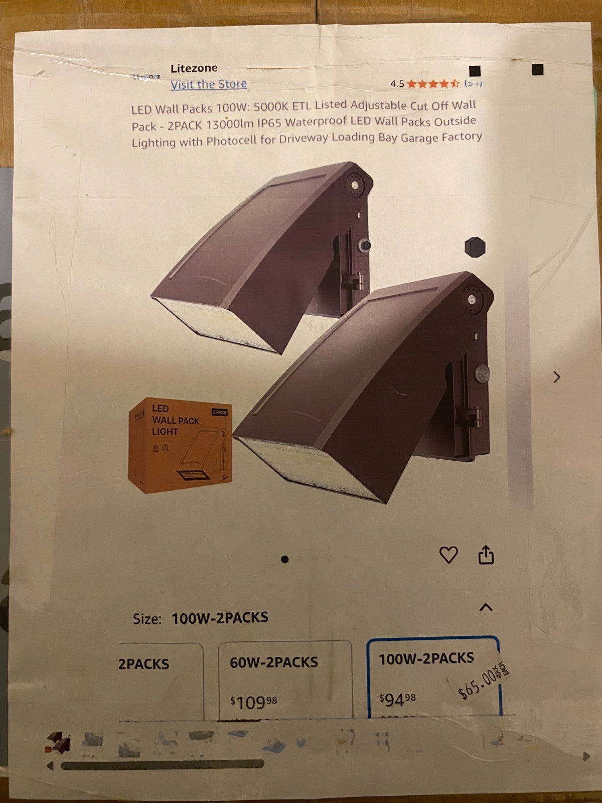 LITEZONE Wall Packs 100w 5000k ETL Listed Adjustable Cut Off Wall Pack 2pk