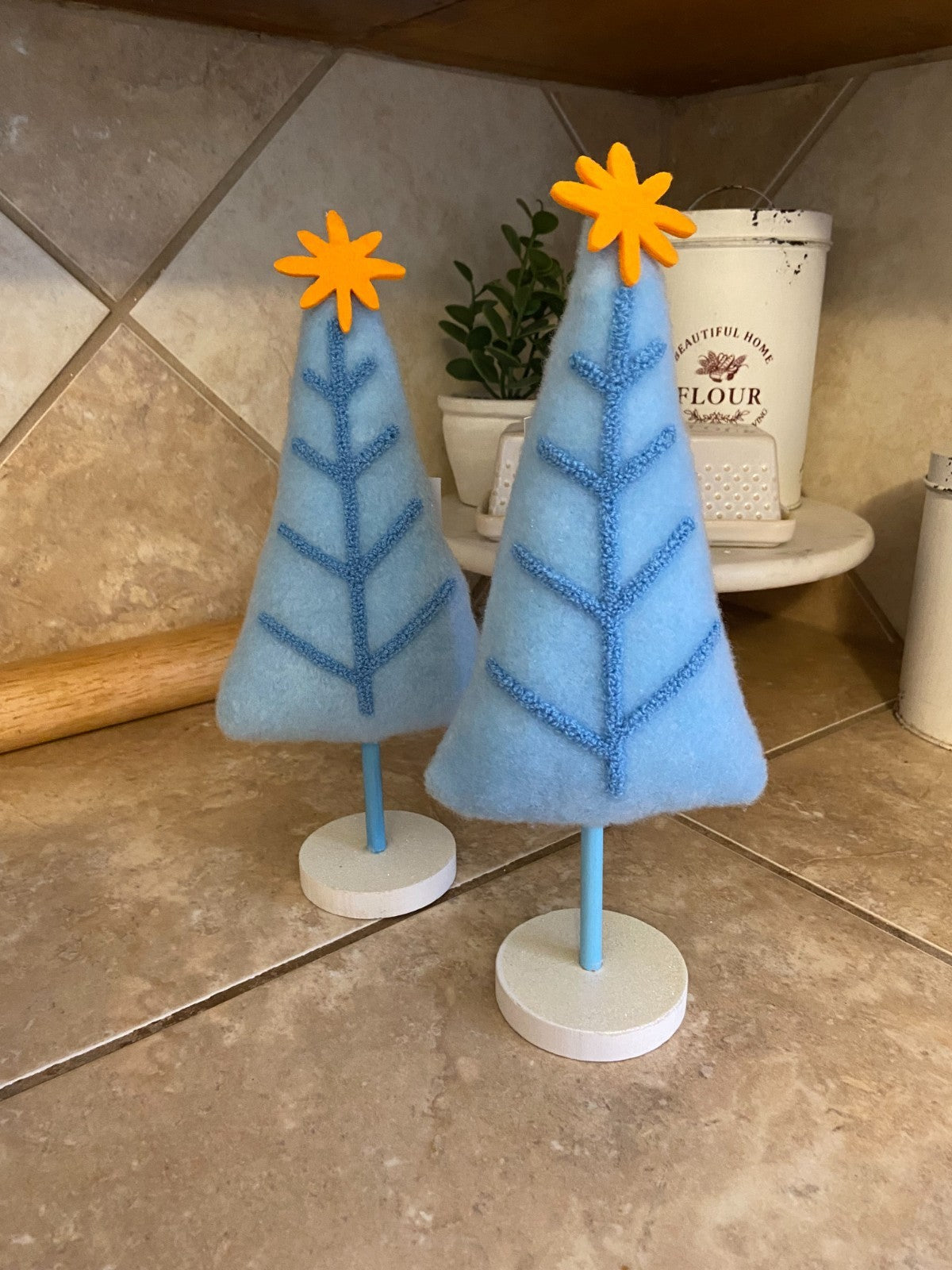 Wondershop 10" Blue Felt Fabric & Wood Christmas Tree Figurine NEW (SET OF 2)