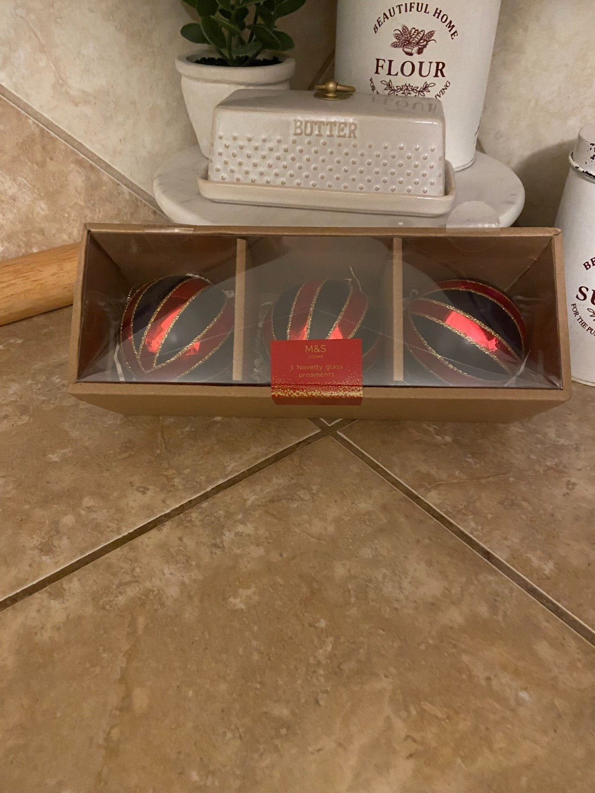 NEW CHRISTMAS TREE NOVELTY LARGE GLASS ORNAMENTS SET OF THREE BY M&S HOME