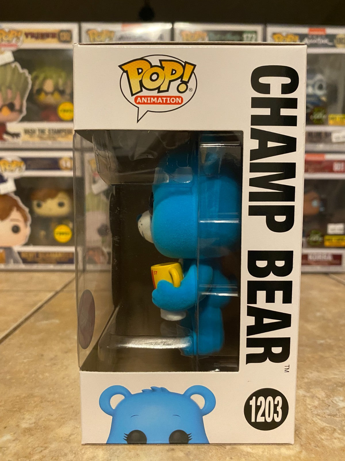 Funko Pop! Care Bears 40th Anniversary Champ Bear 1203 CHASE Flocked w Protector