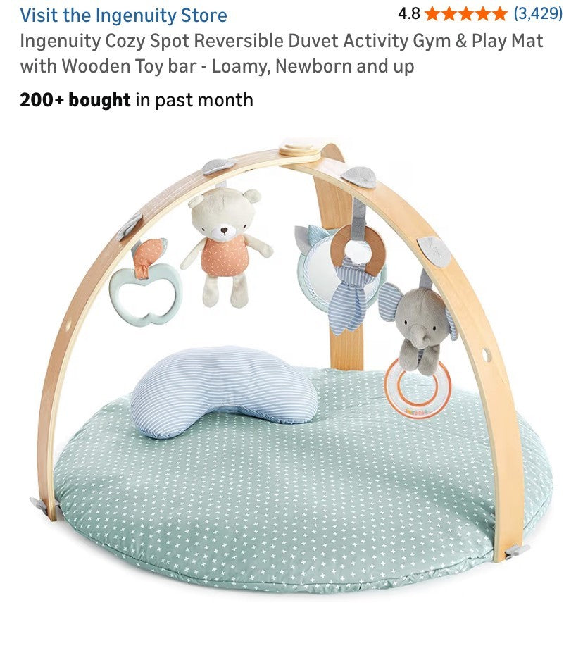 Ingenuity Cozy Spot Reversible Duvet Activity Gym Play Mat Wooden Toy Bar NIB