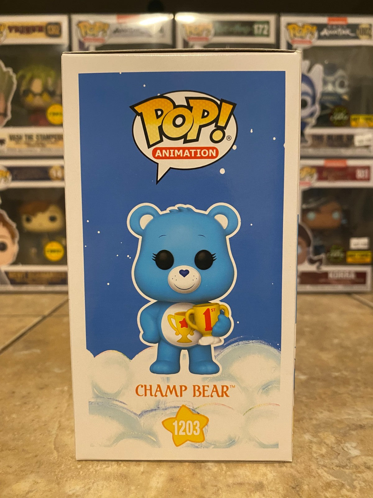 Funko Pop! Care Bears 40th Anniversary Champ Bear 1203 CHASE Flocked w Protector