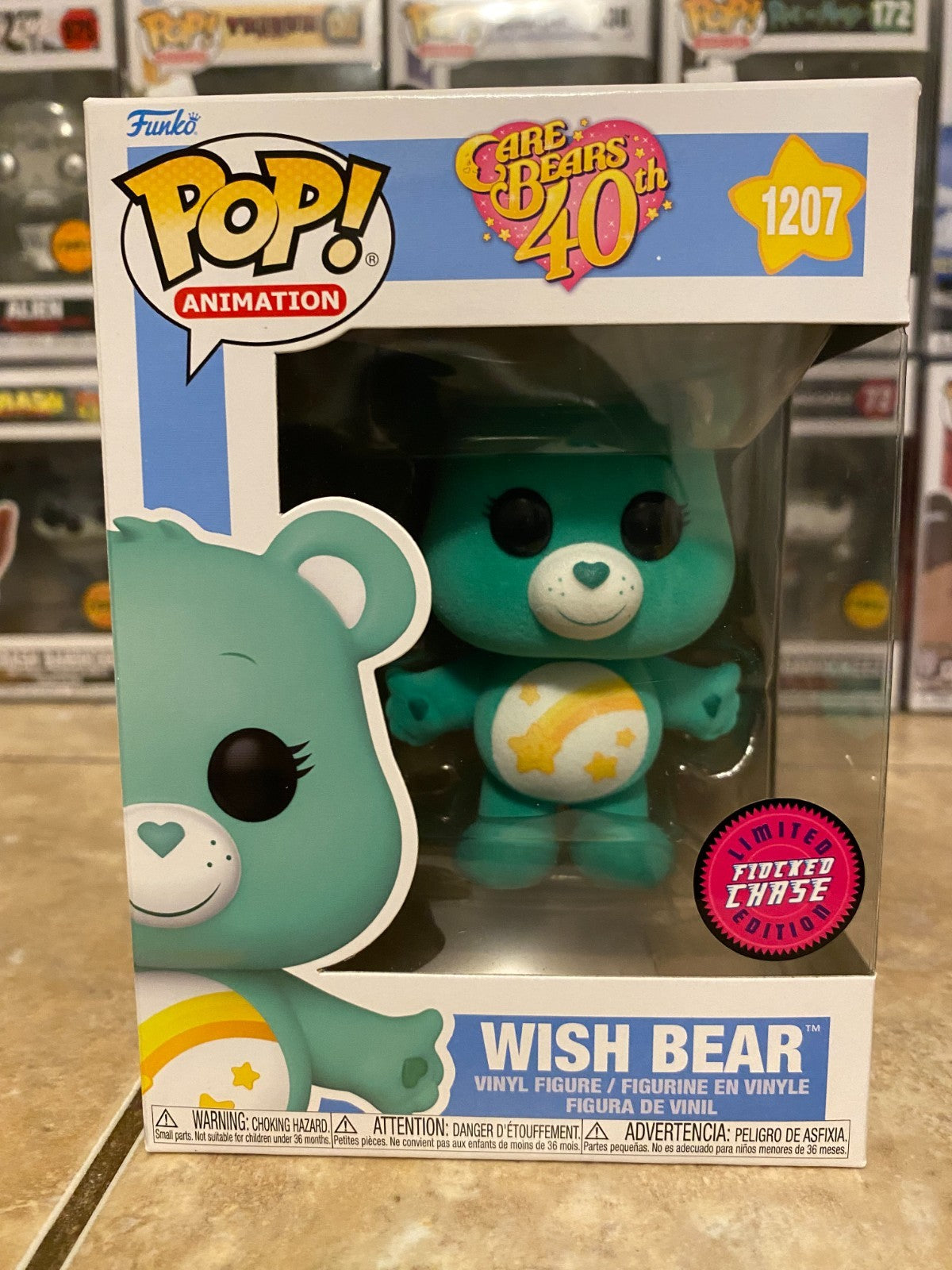Funko POP! Care Bears 40th Anniversary Wish Bear #1207 Chase Flocked w Protector