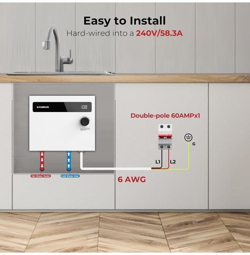 CAMPLUX Tankless On Demand Water Heater Electric 14kW 240 Volt