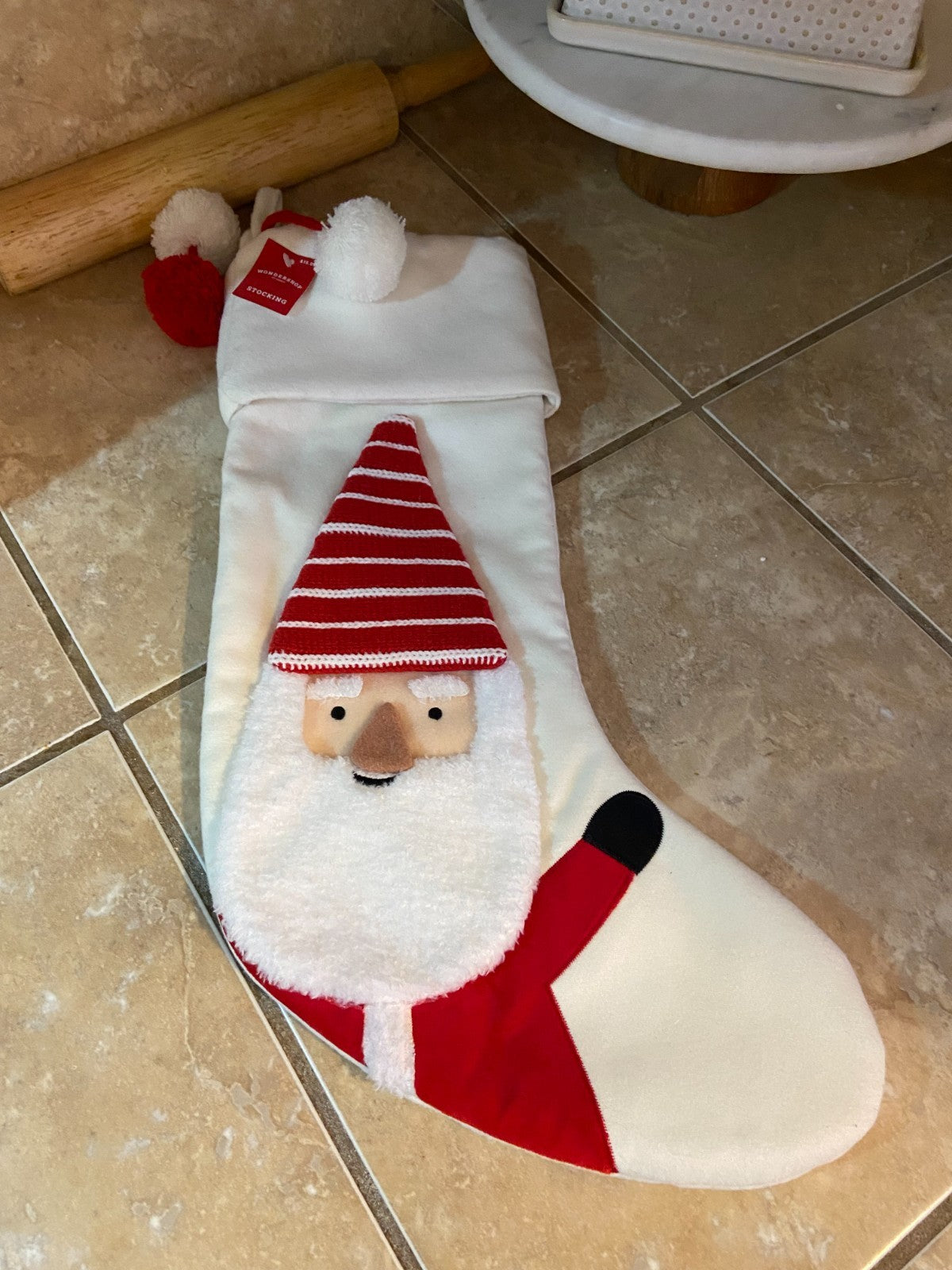 Santa in Striped Hat Christmas Stocking with Pompoms from Wondershop™