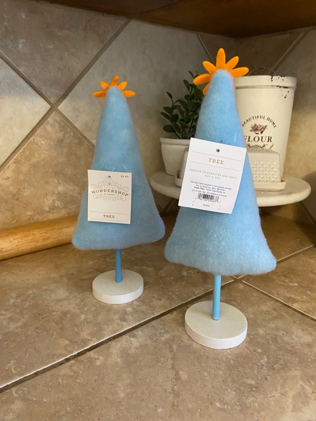 Wondershop 10" Blue Felt Fabric & Wood Christmas Tree Figurine NEW (SET OF 2)