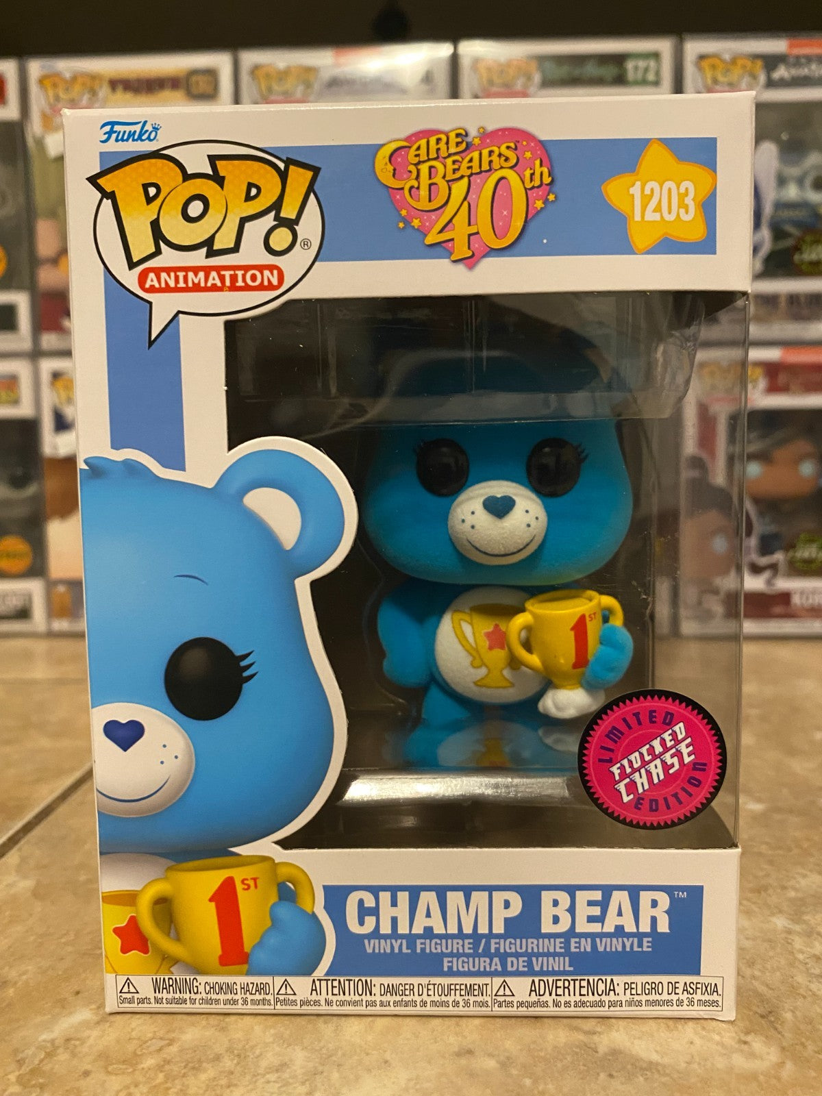 Funko Pop! Care Bears 40th Anniversary Champ Bear 1203 CHASE Flocked w Protector